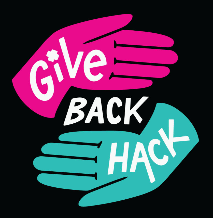 A hand-drawn logo featuring two open hands, one magenta, the other teal with the words "give back hack" lettered in white on top.