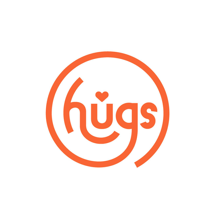 The G of the word "hugs" loops around to form a circle around the whole word in this orange logo.