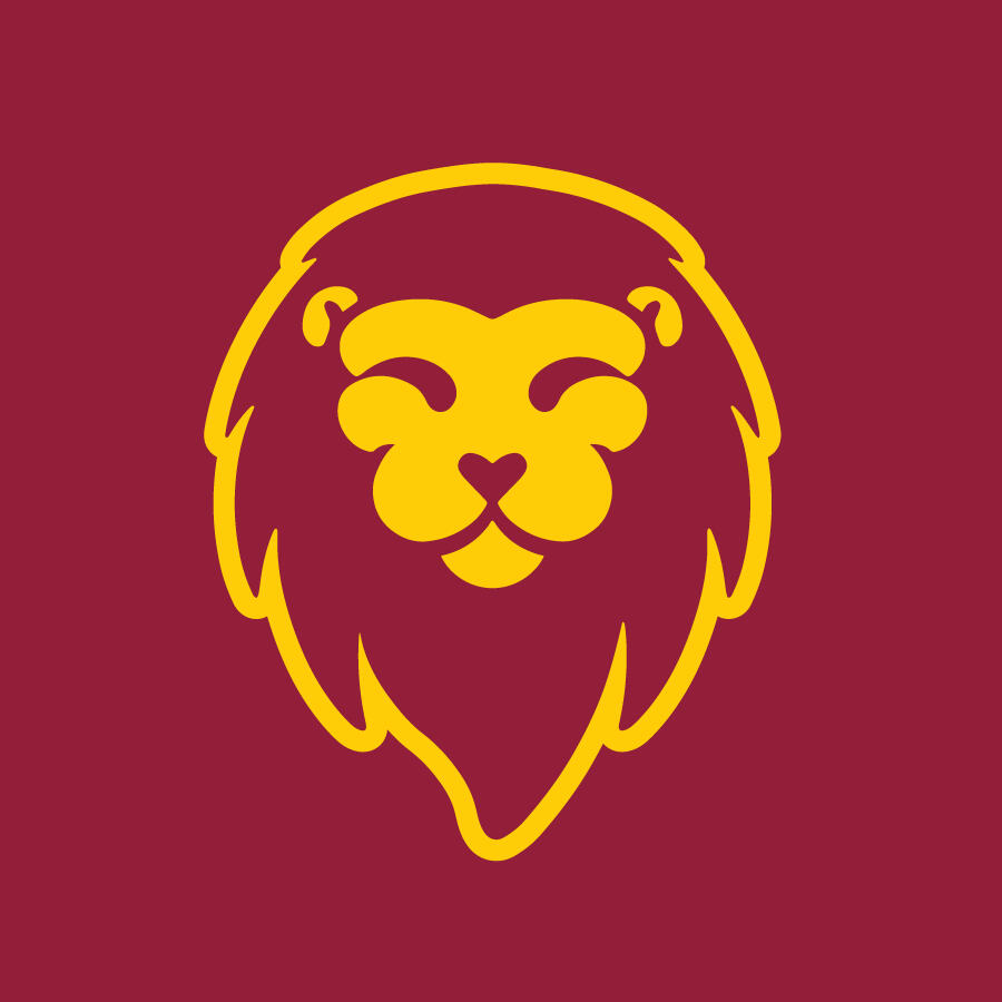 This logo consists of a graphic of a lion in burgundy and yellow with a heart-shaped nose. The face resembles two letter Fs, forward and backward.