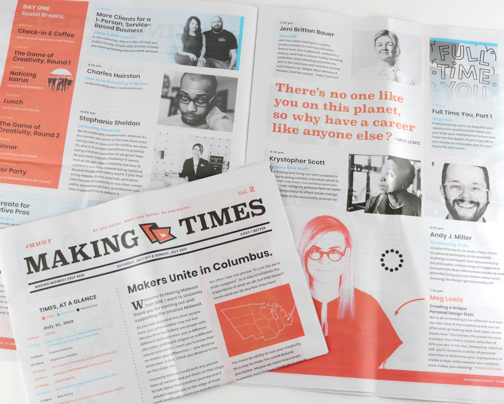 A photo of a newspaper-style design for an event program for "Making Midwest Fest." The colors mainly are black, red, and blue.