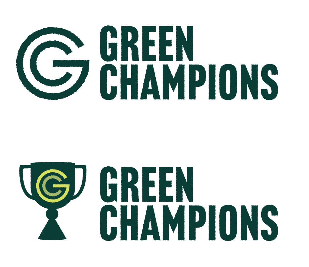 Two versions of a bright green and dark green logo reading "Green Champions." One has a geometric letter G and a smaller letter C inside. The other has a trophy with the G and C monogram on top.